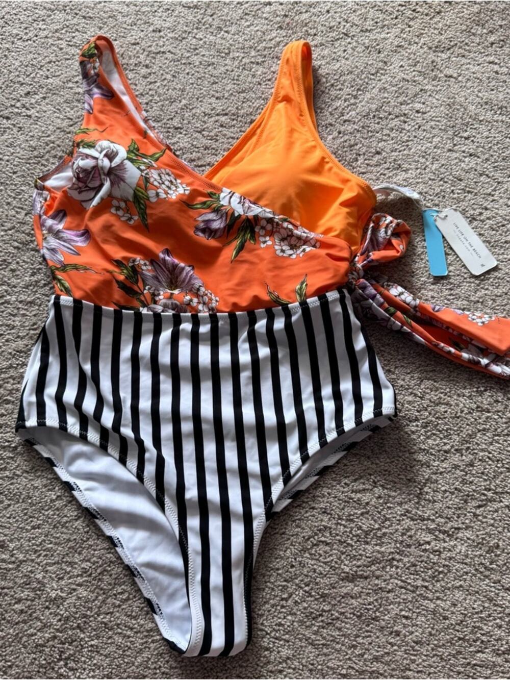 NWT Cupshe Orange & Floral Accent Colorblock One Piece Swimsuit Women’s Size XL